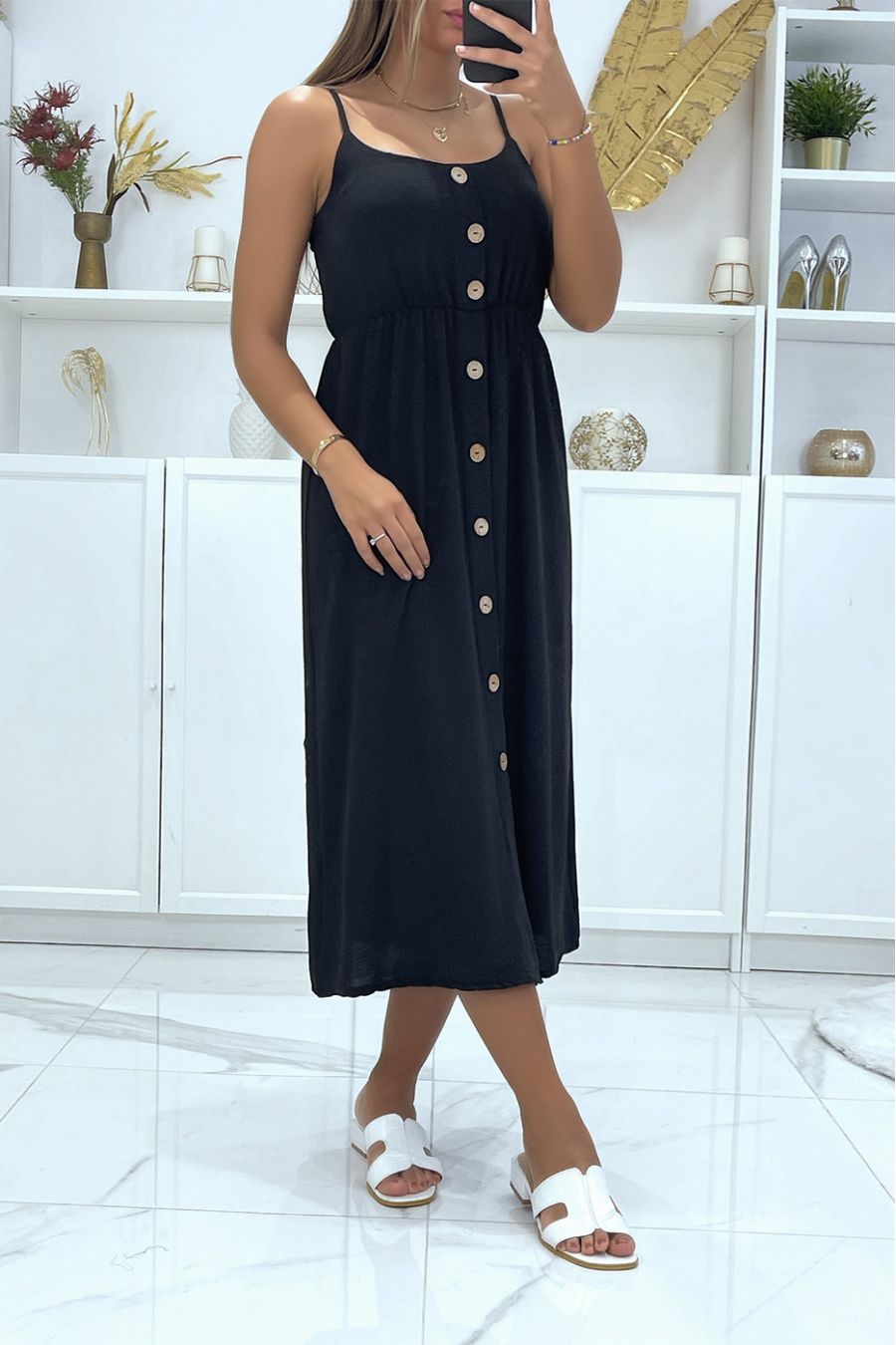 Long black buttoned dress with adjustable strap - 1
