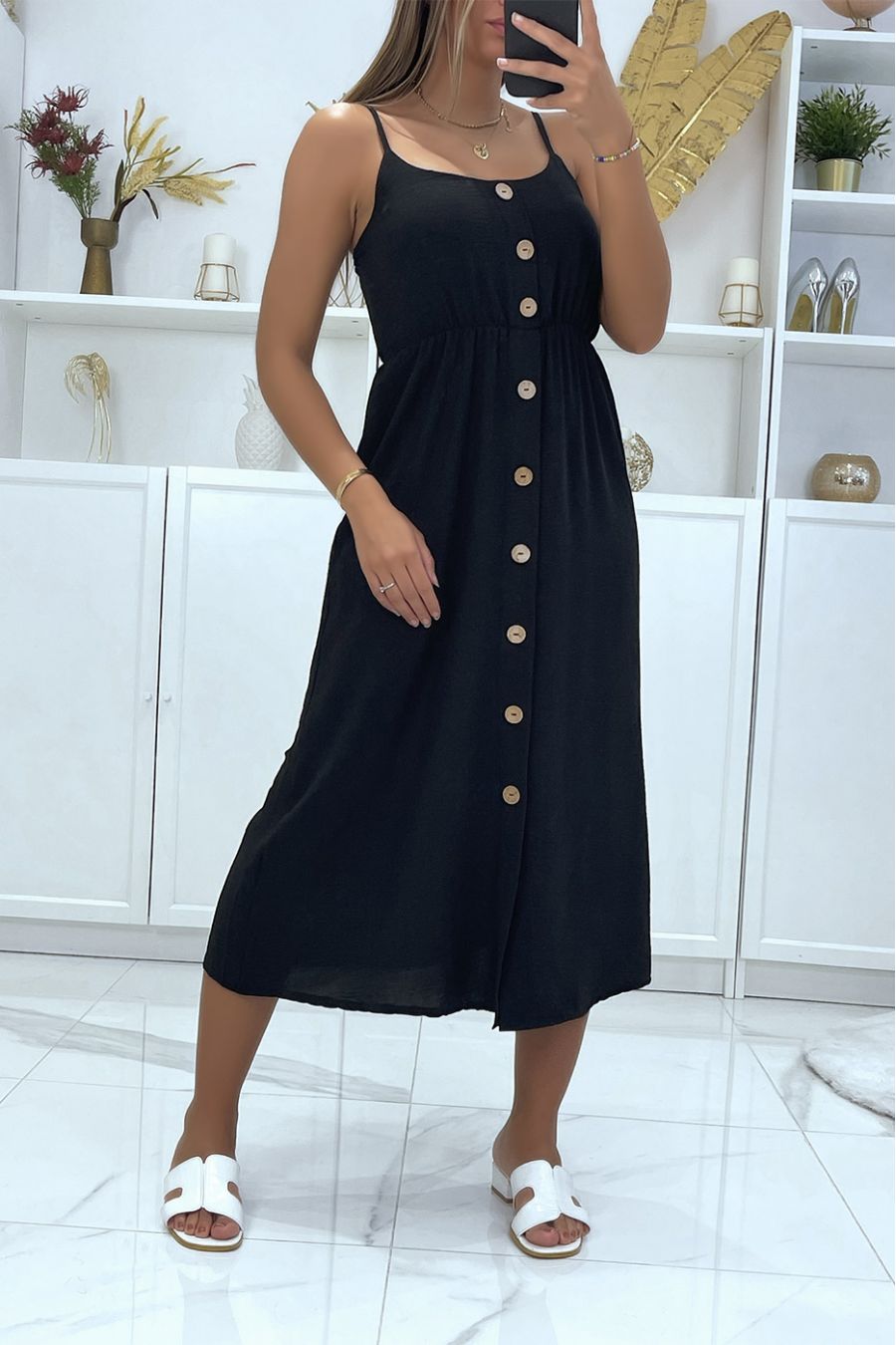 Long black buttoned dress with adjustable strap - 2