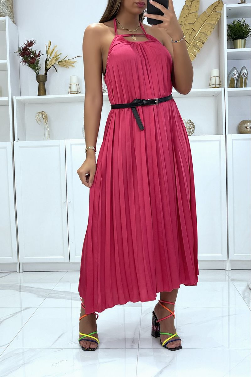 Long fuchsia pleated dress with straps and belt - 1