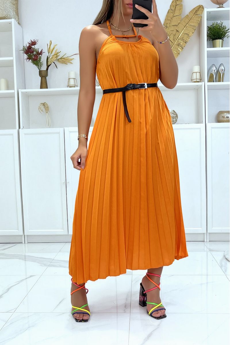 Long pleated orange strap dress with belt - 1
