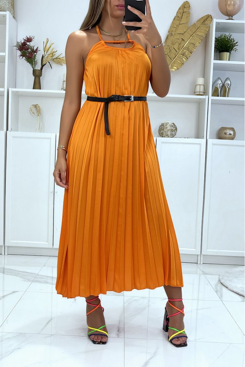 Long pleated orange strap dress with belt - 2