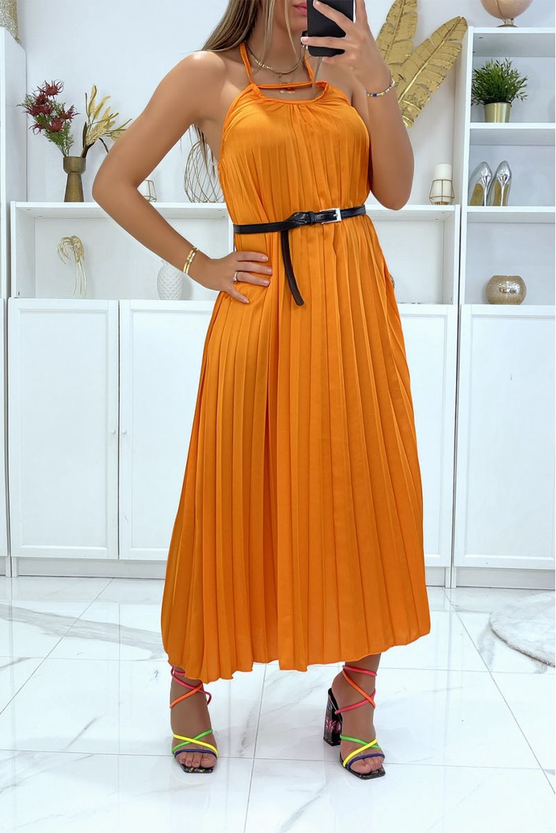 Long pleated orange strap dress with belt - 3