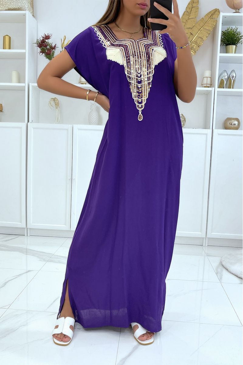 Long dress, lilac djellaba with sequined details and oriental pattern with gold thread - 1