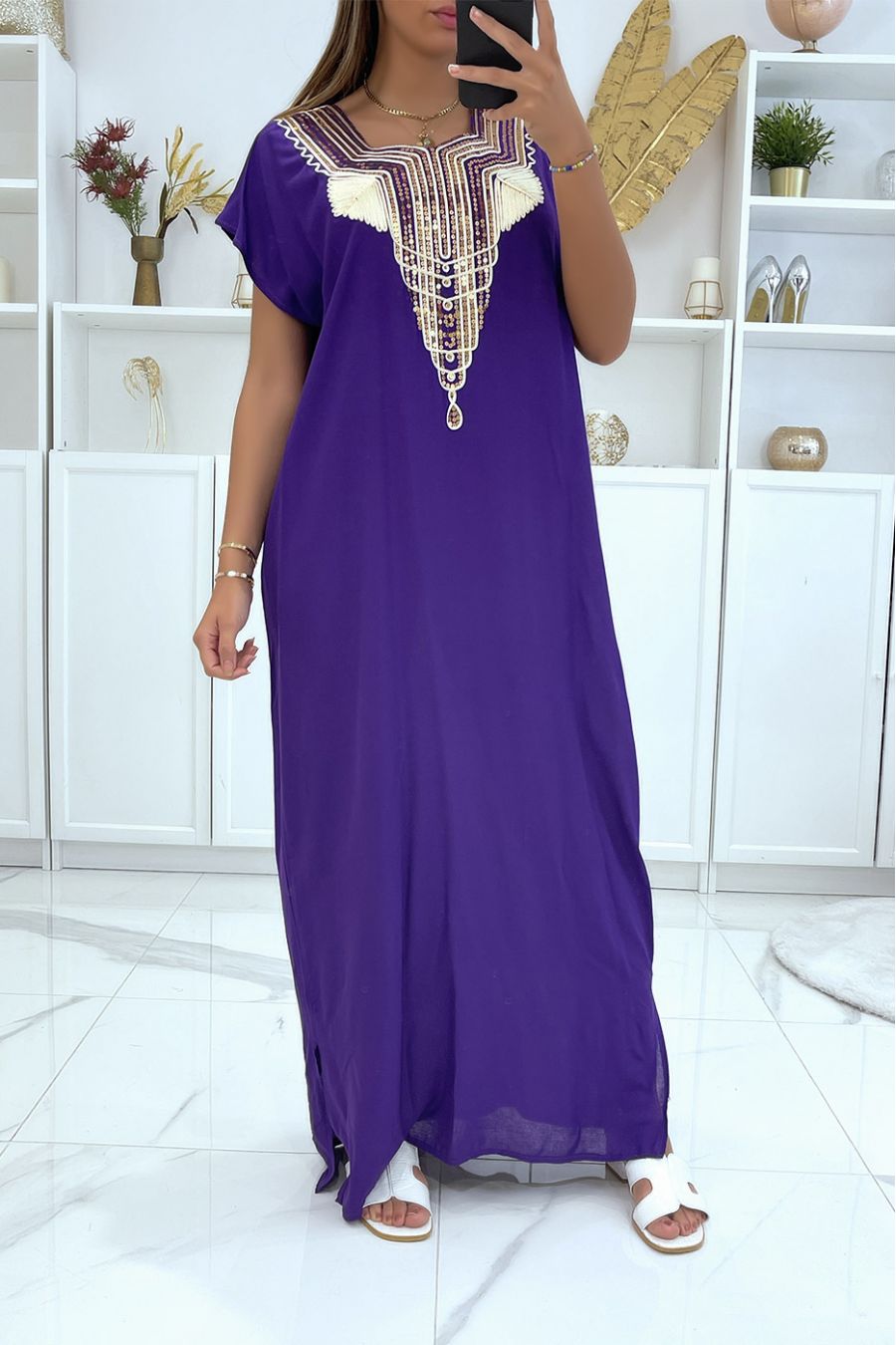 Long dress, lilac djellaba with sequined details and oriental pattern with gold thread - 2
