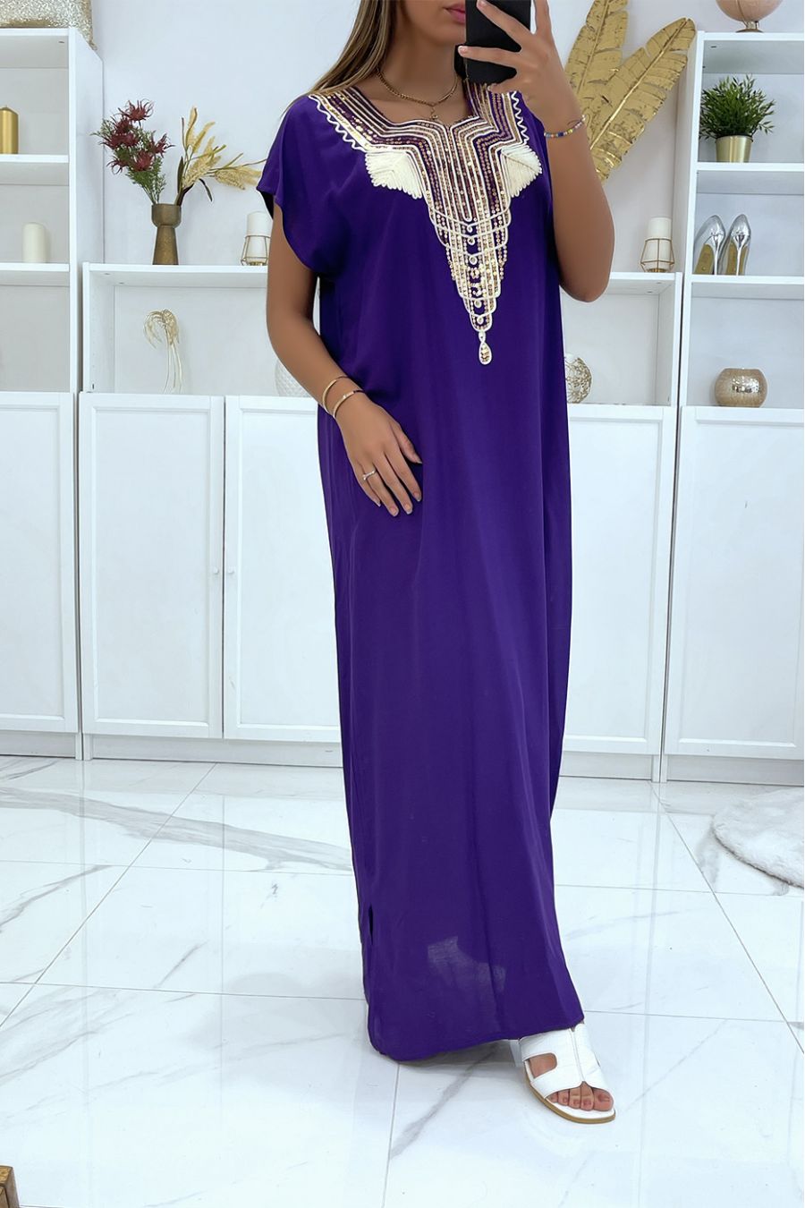 Long dress, lilac djellaba with sequined details and oriental pattern with gold thread - 3