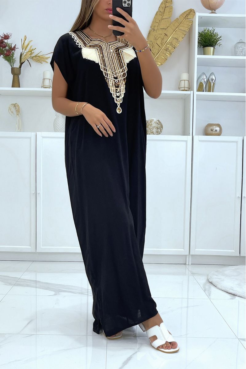 Long dress, black djellaba with sequined details and oriental pattern with gold thread - 1