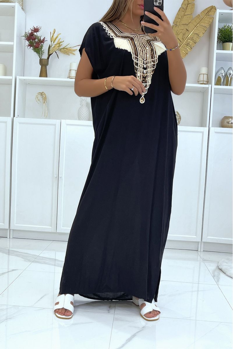 Long dress, black djellaba with sequined details and oriental pattern with gold thread - 2