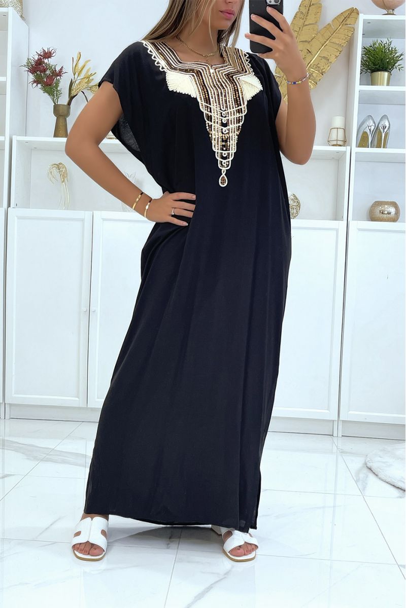 Long dress, black djellaba with sequined details and oriental pattern with gold thread - 3