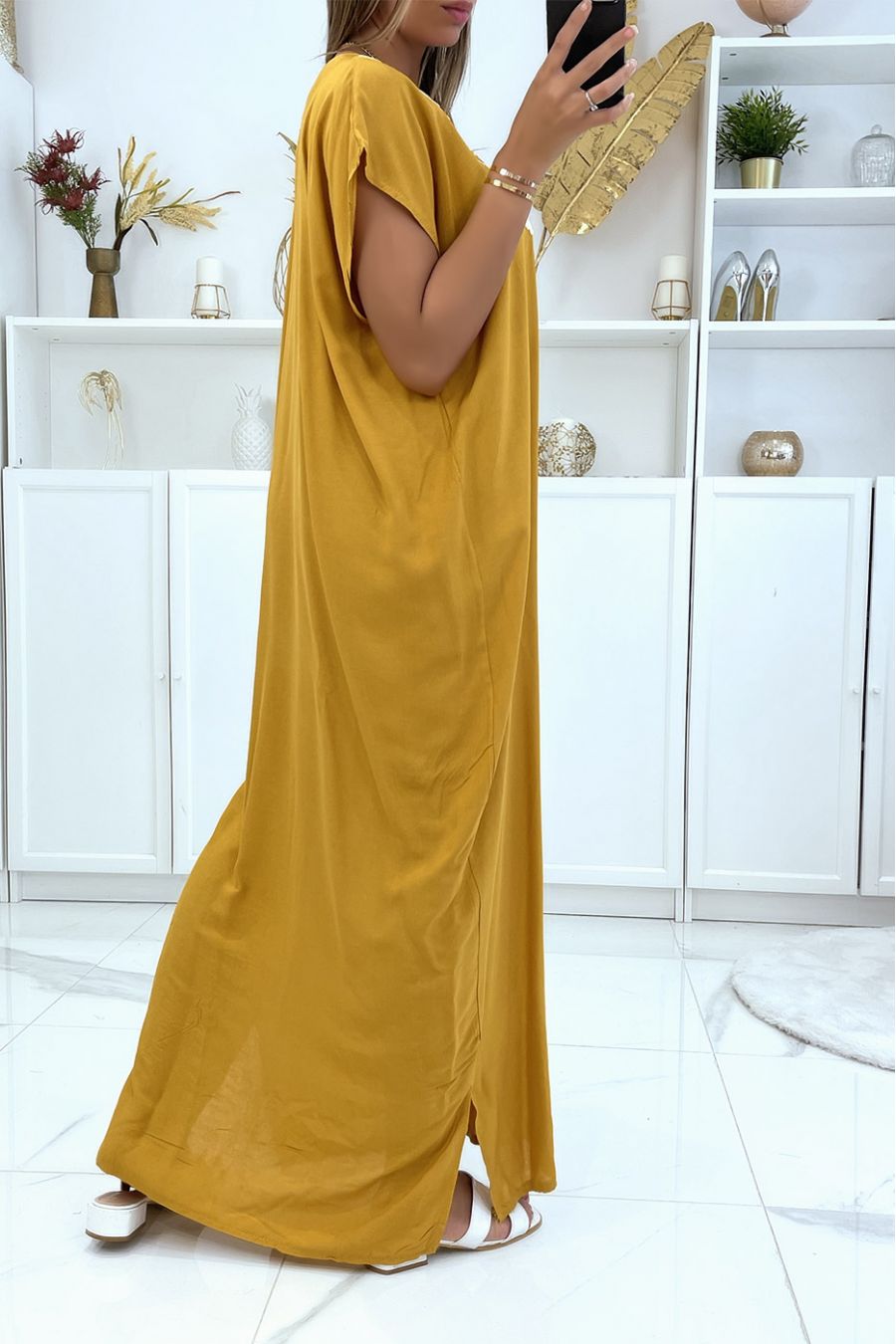 Long dress, mustard djellaba with sequined details and oriental pattern with gold thread - 4