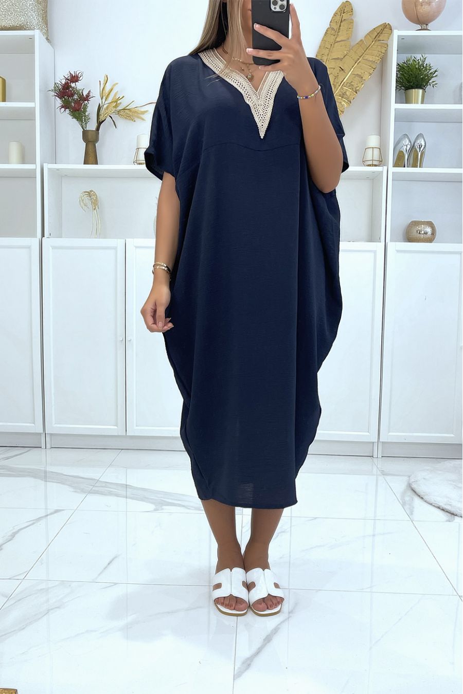 Navy oversized batwing tunic dress with lace at the collar - 2
