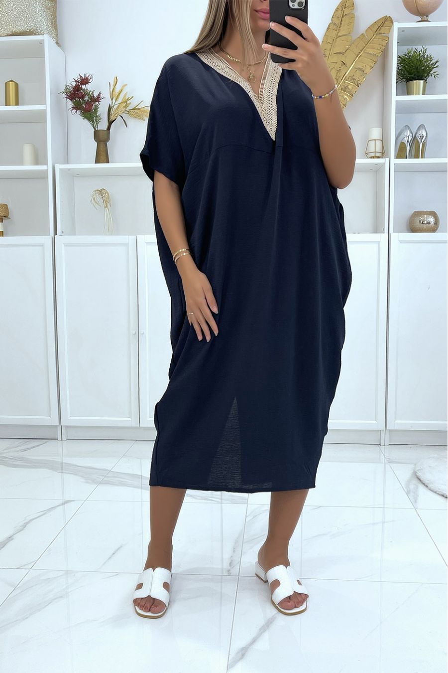 Navy oversized batwing tunic dress with lace at the collar - 3