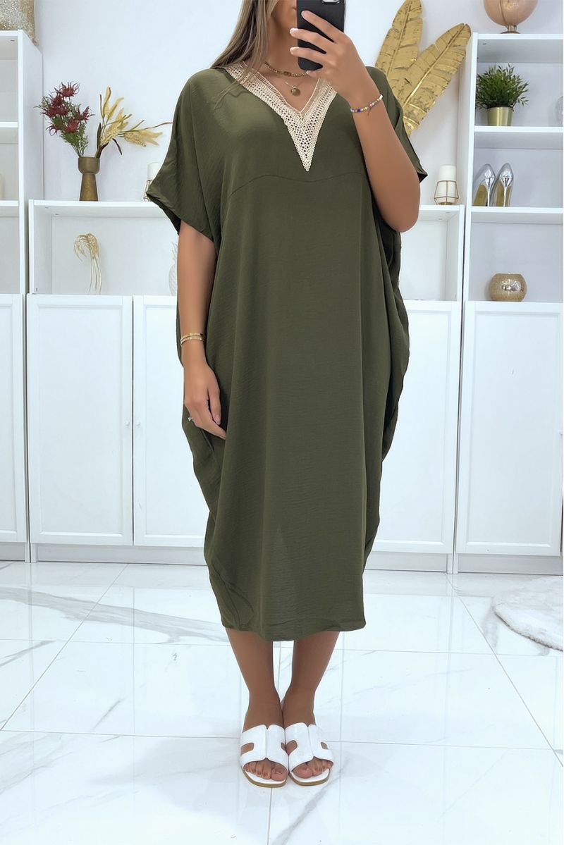Khaki oversized batwing tunic dress with lace at the collar - 2