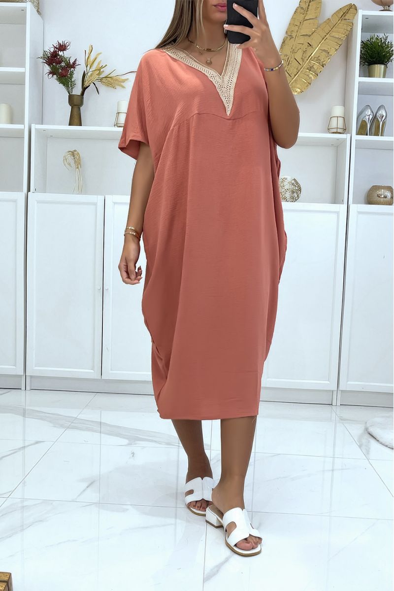 Pink oversized batwing tunic dress with lace at the collar - 1