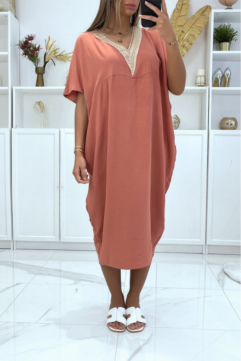 Pink oversized batwing tunic dress with lace at the collar - 2