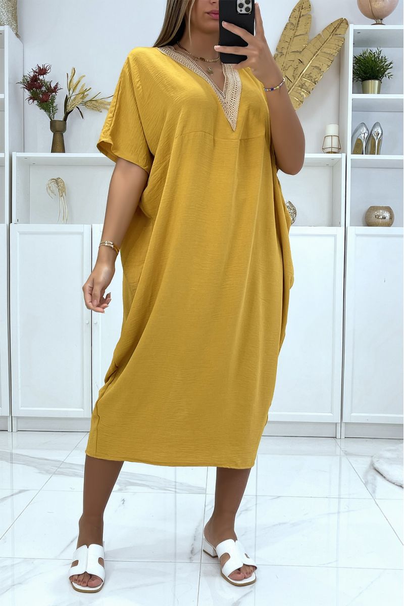 Mustard oversized batwing tunic dress with lace at the collar - 1