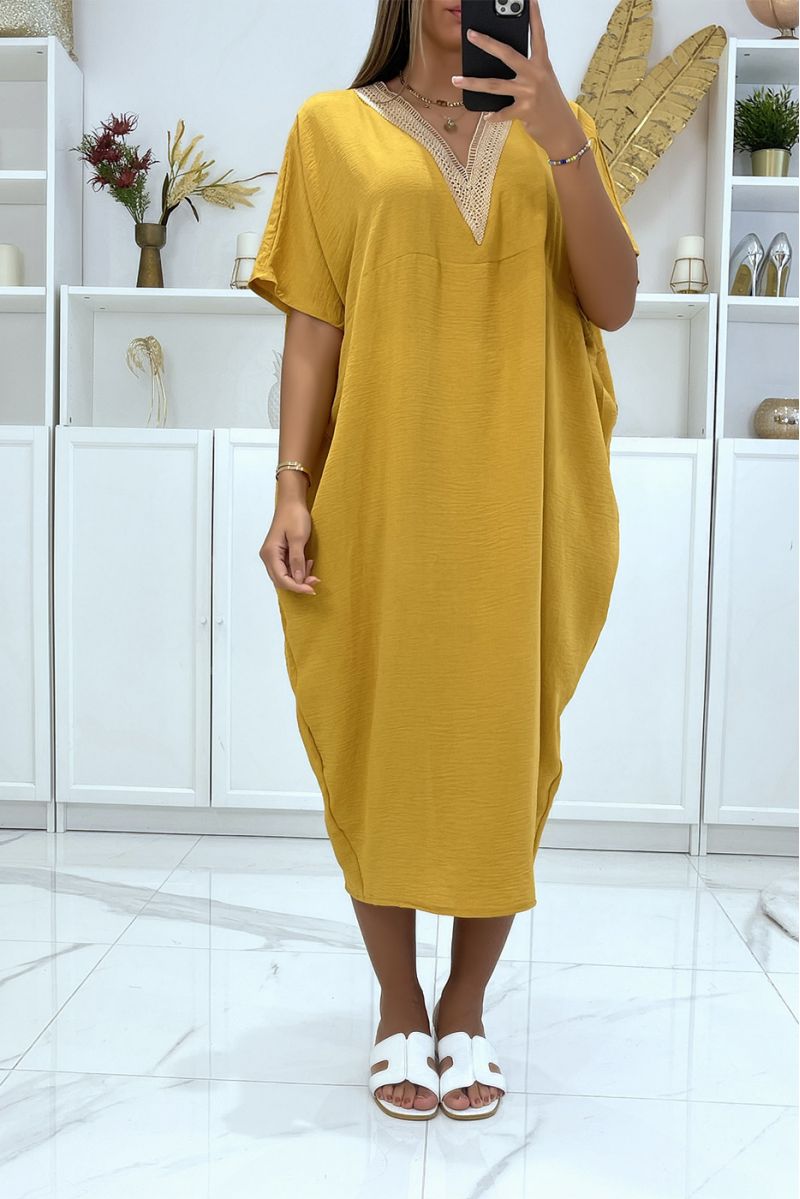 Mustard oversized batwing tunic dress with lace at the collar - 2
