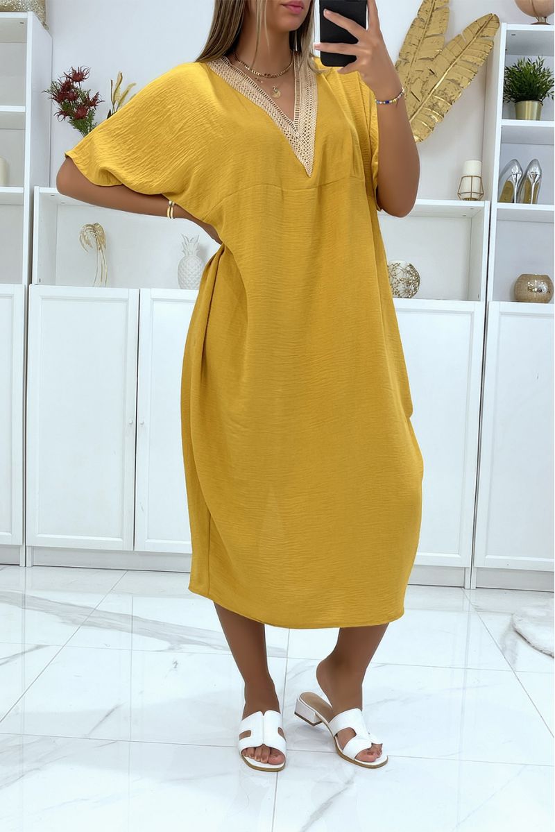 Mustard oversized batwing tunic dress with lace at the collar - 3