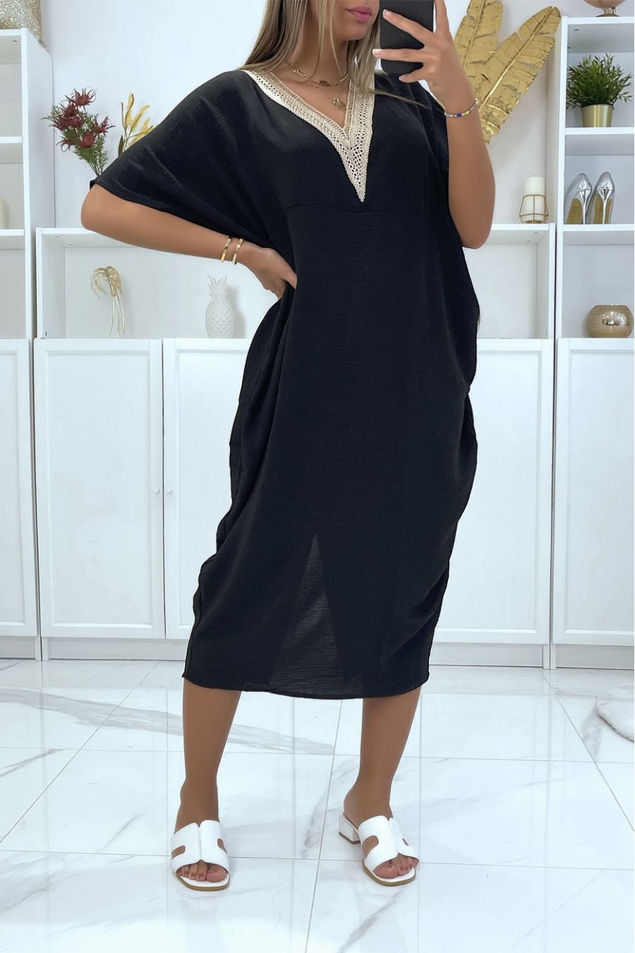 Black oversized batwing tunic dress with lace at the collar - 4