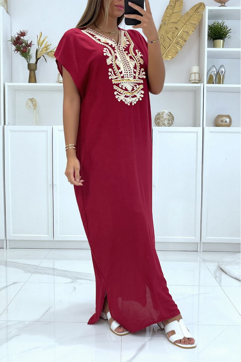Long dress, burgundy djellaba with pretty oriental pattern on the collar - 4