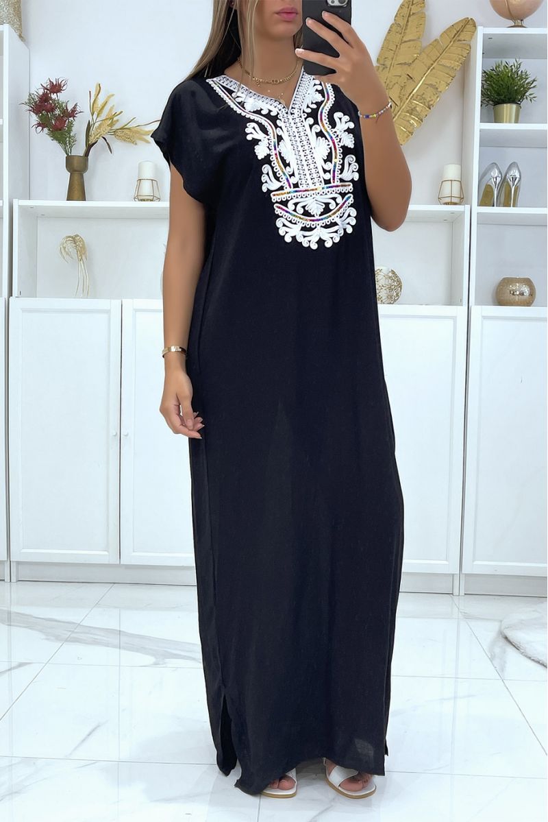 Long dress, black silver djellaba with pretty oriental pattern on the collar - 2