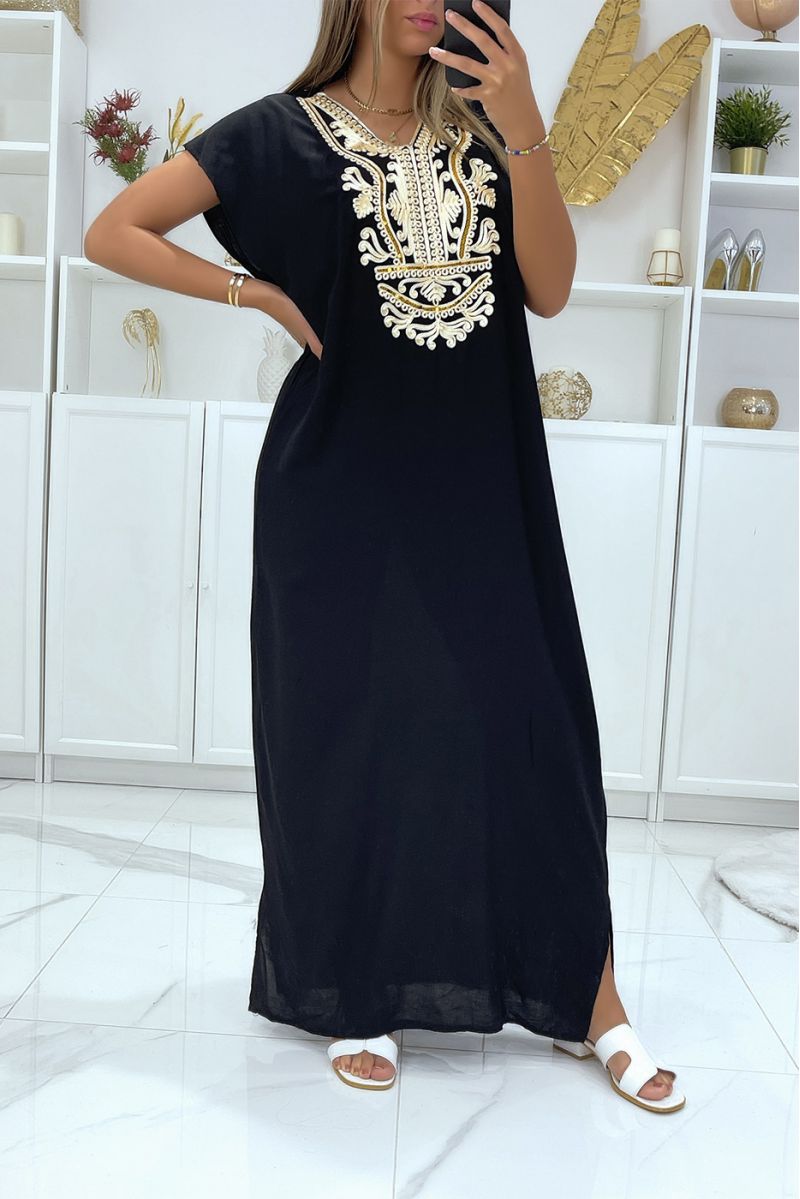 Long dress, black gold djellaba with pretty oriental pattern at the collar - 2