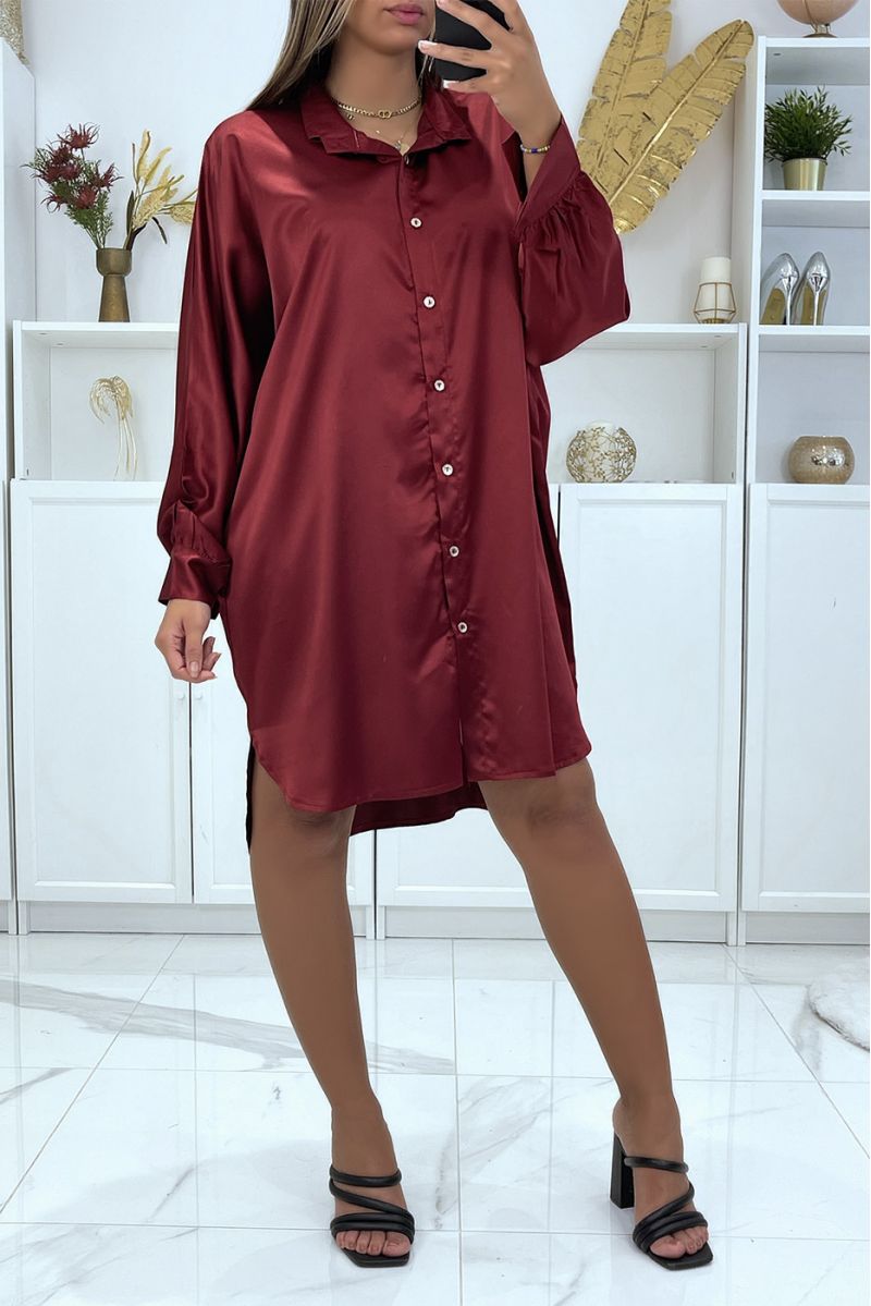 Oversized burgundy satin shirt dress with batwing sleeves - 2