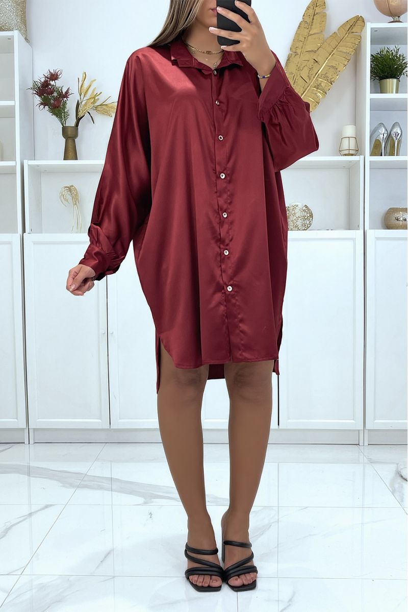 Oversized burgundy satin shirt dress with batwing sleeves - 3