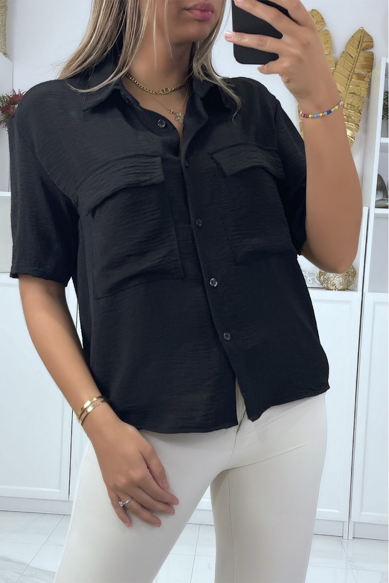 Zwarte blouse met halflange mouwen en borstzakken - 1