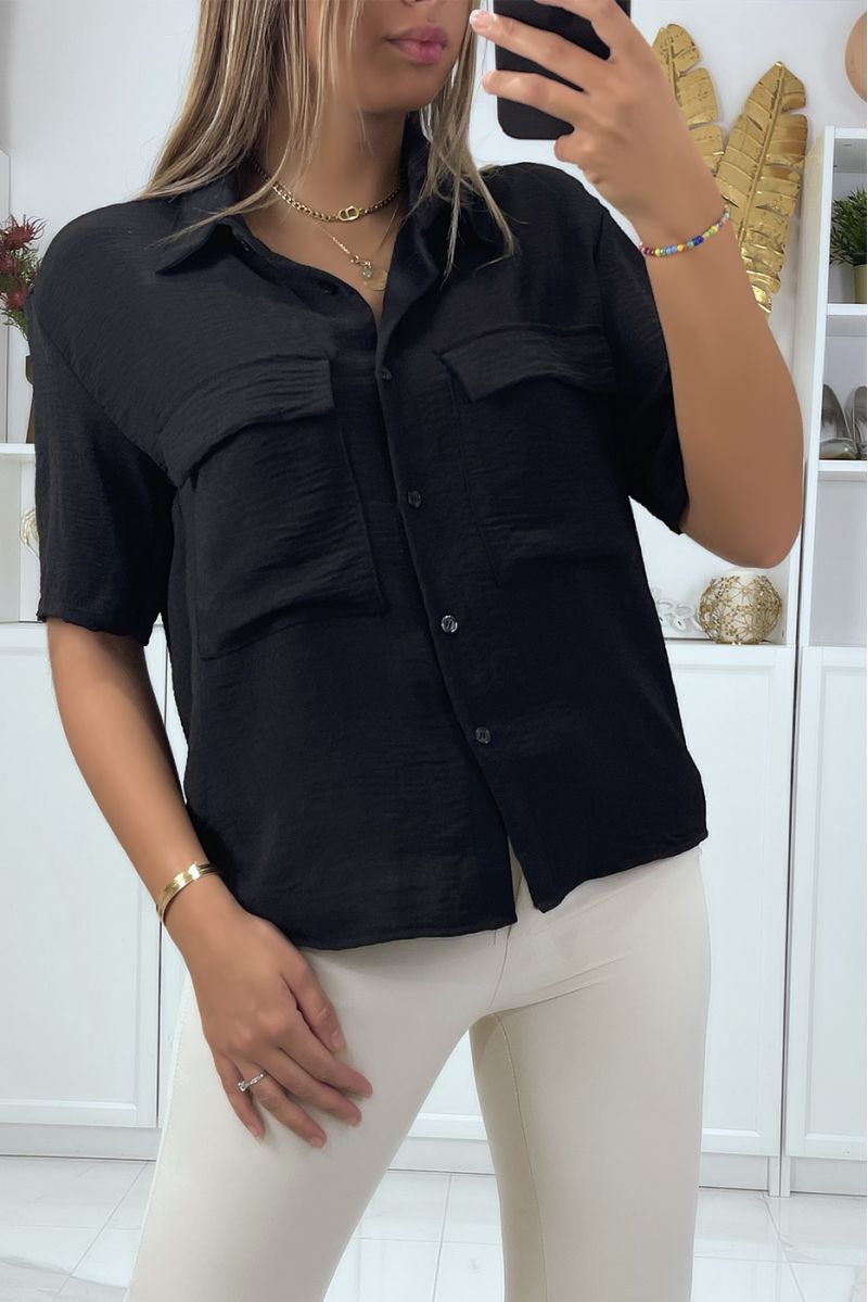 Zwarte blouse met halflange mouwen en borstzakken - 2
