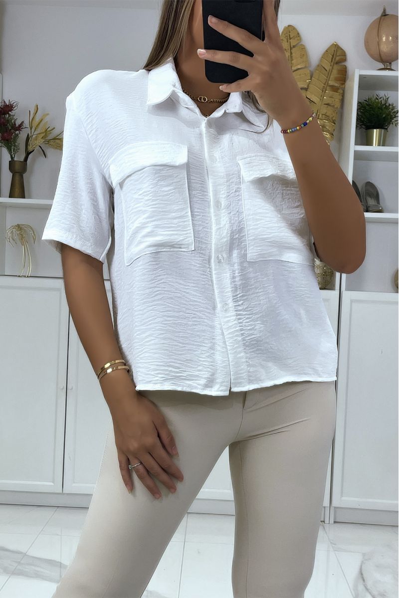 White blouse with half sleeves and chest pockets - 2