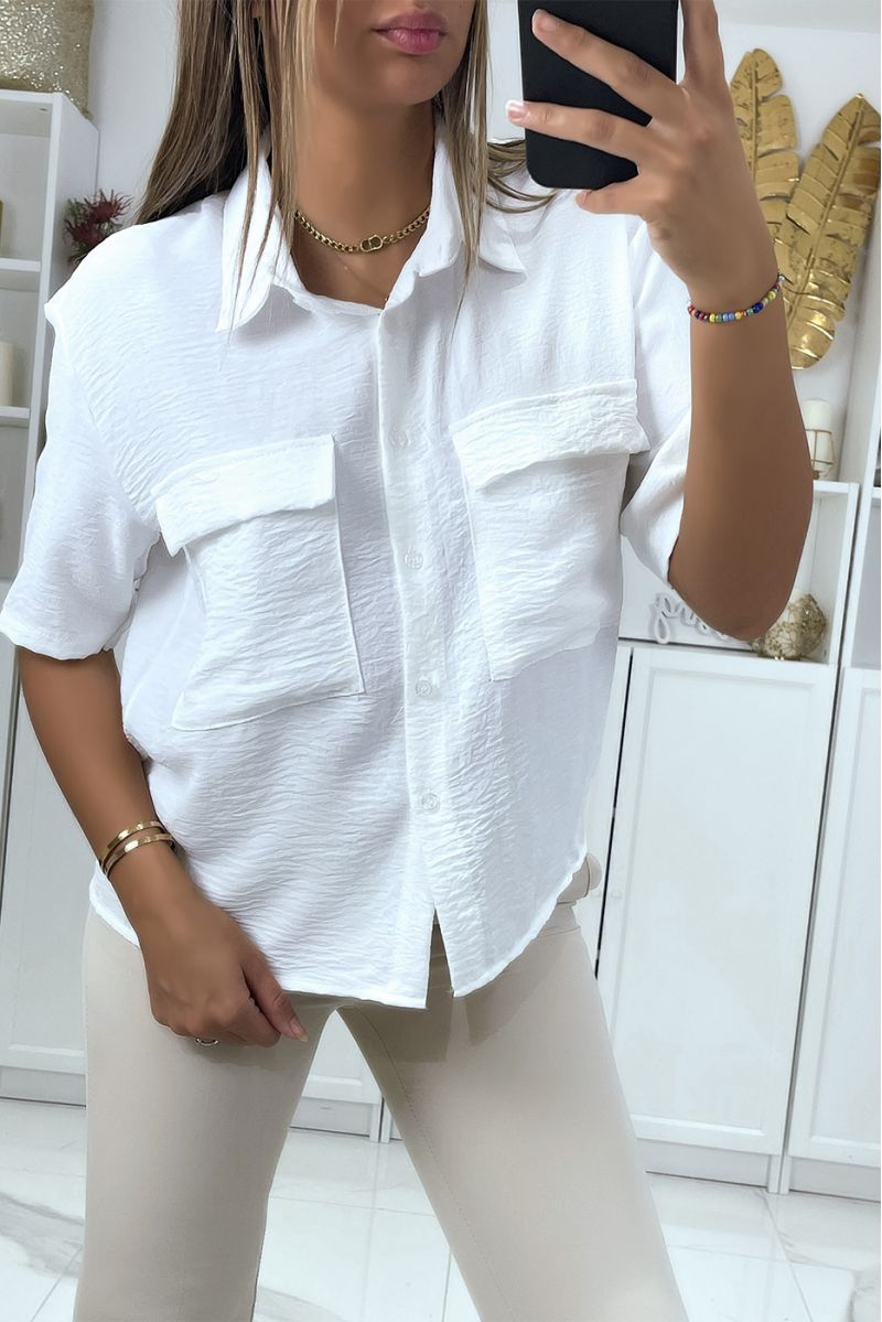 White blouse with half sleeves and chest pockets - 3