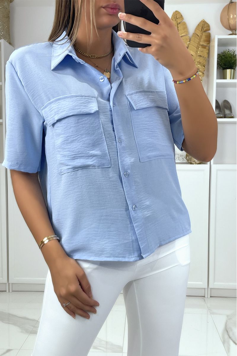 Turquoise blouse with half-length sleeves and chest pockets - 3 Turquoise blouse with half-length sleeves and chest pockets - 3