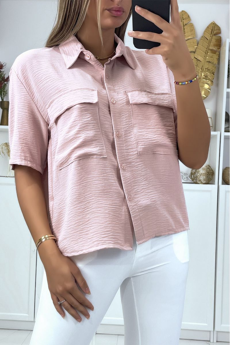 Pink half sleeve blouse with chest pockets - 1