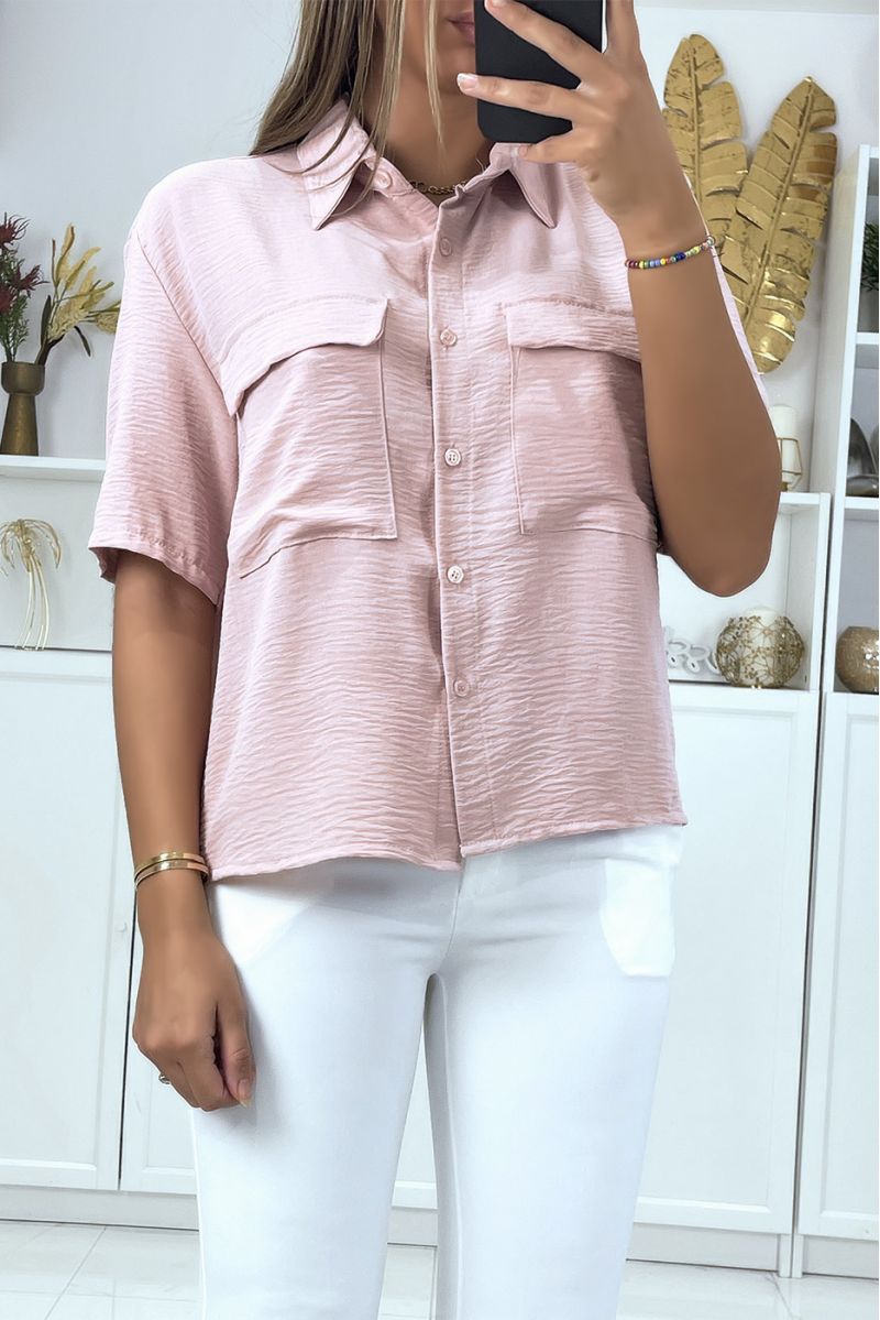 Pink half sleeve blouse with chest pockets - 2