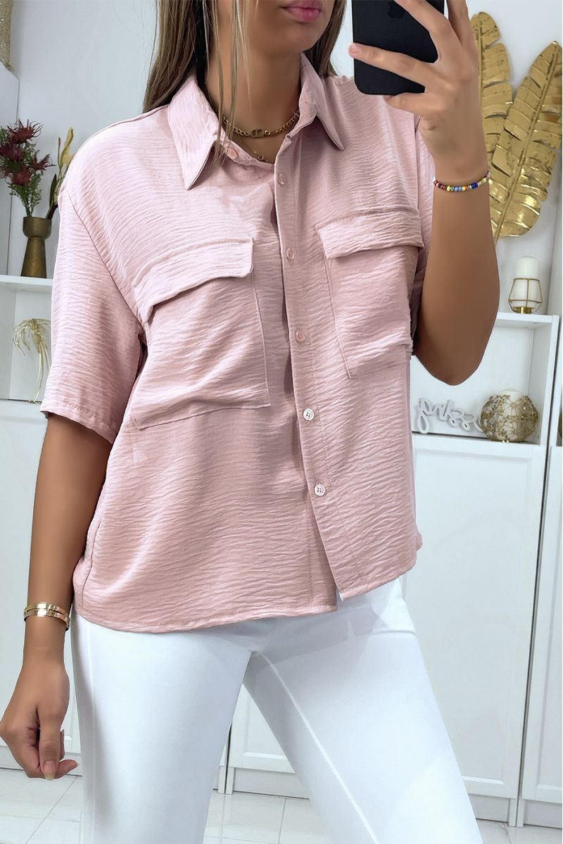 Roze blouse met halve mouwen en borstzakken - 4