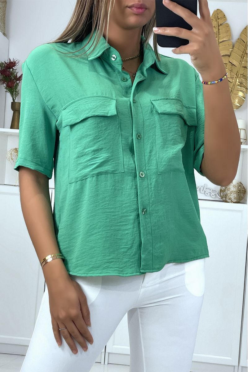 Green half sleeve blouse with chest pockets - 1