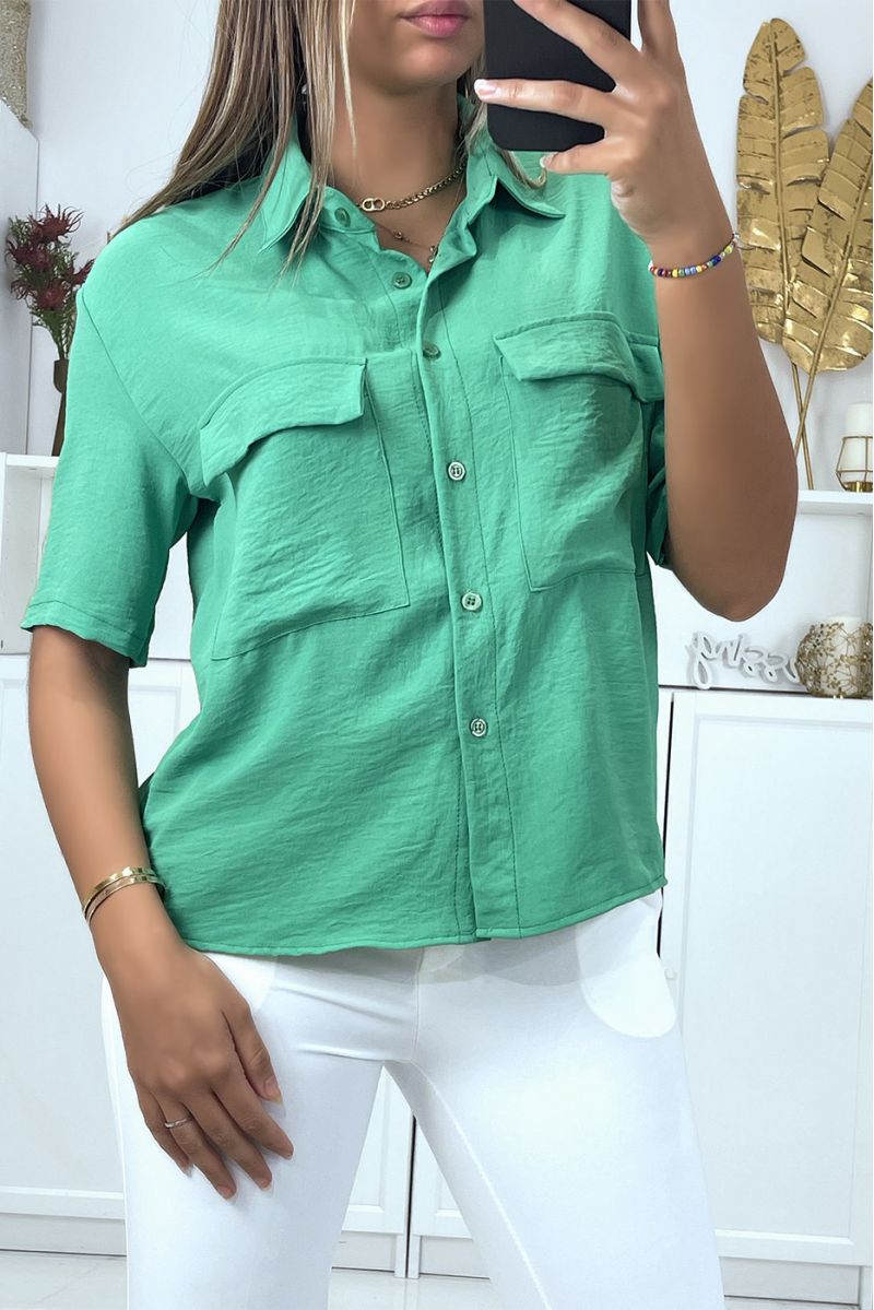 Green half sleeve blouse with chest pockets - 2
