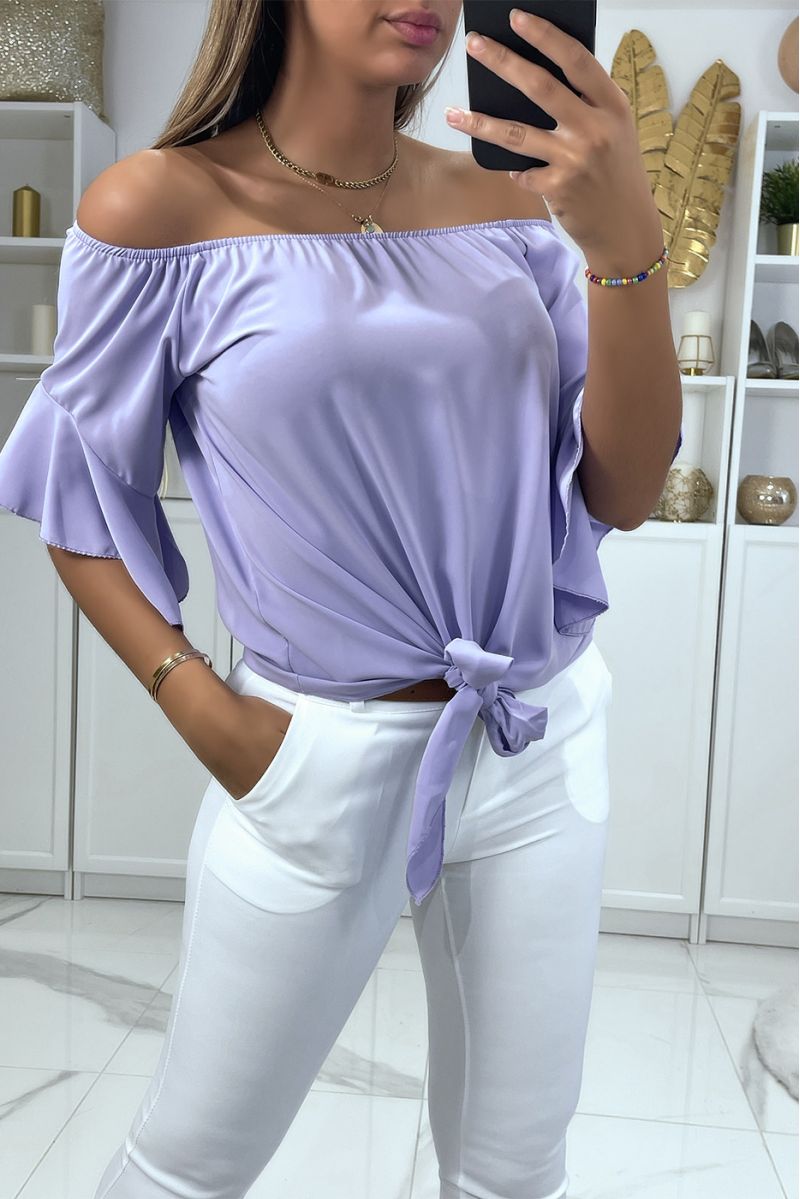 Lila crop top met boothals, strik en ruche op de schouders - 1 Lila crop top met boothals, strik en ruche op de schouders - 1