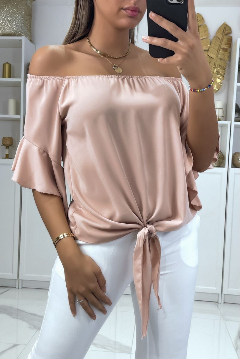 Pink boat neck crop top with bow and ruffle on the shoulders - 1