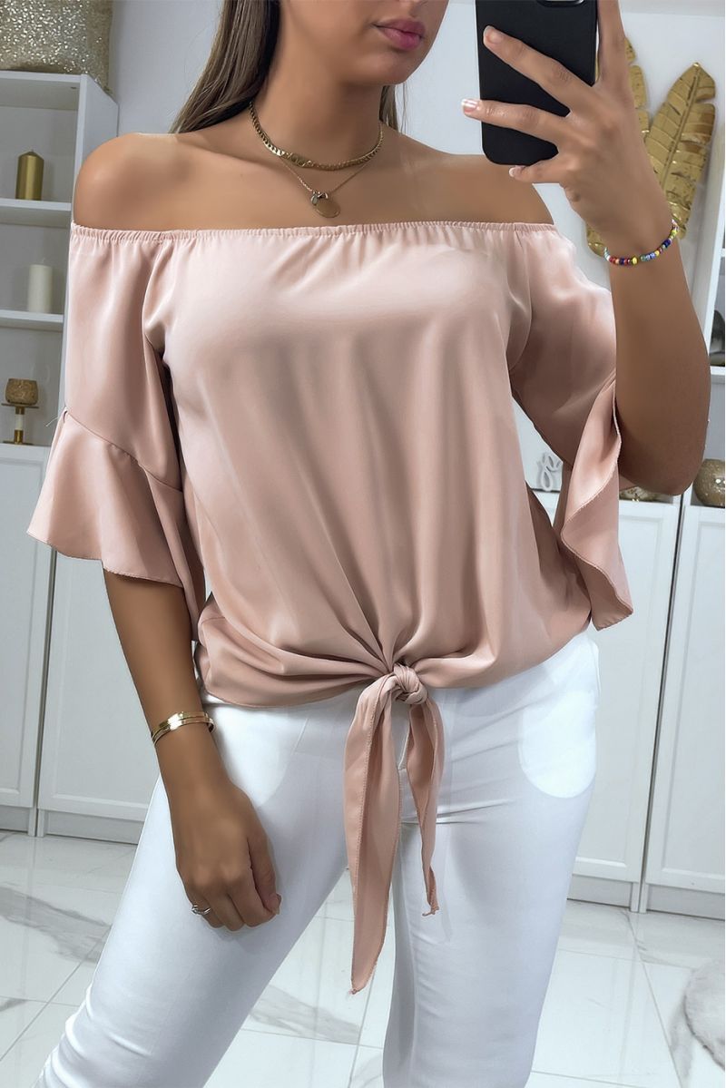 Pink boat neck crop top with bow and ruffle on the shoulders - 2