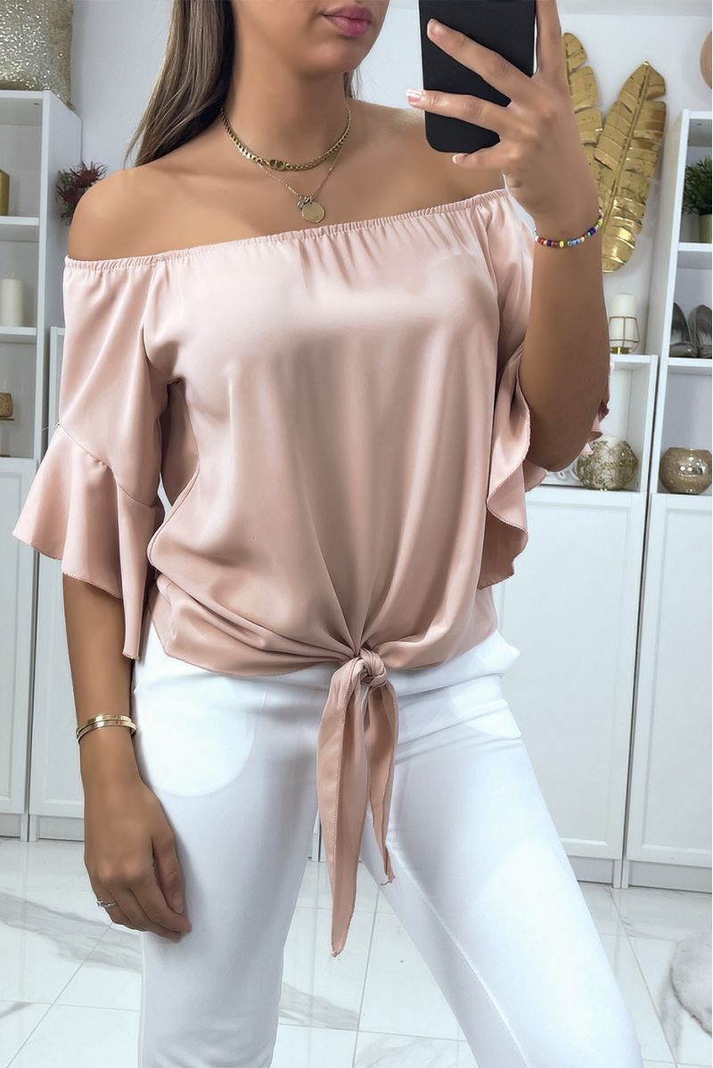 Pink boat neck crop top with bow and ruffle on the shoulders - 3