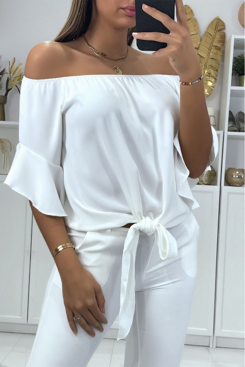 White boat neck crop top with bow and ruffle on the shoulders - 1