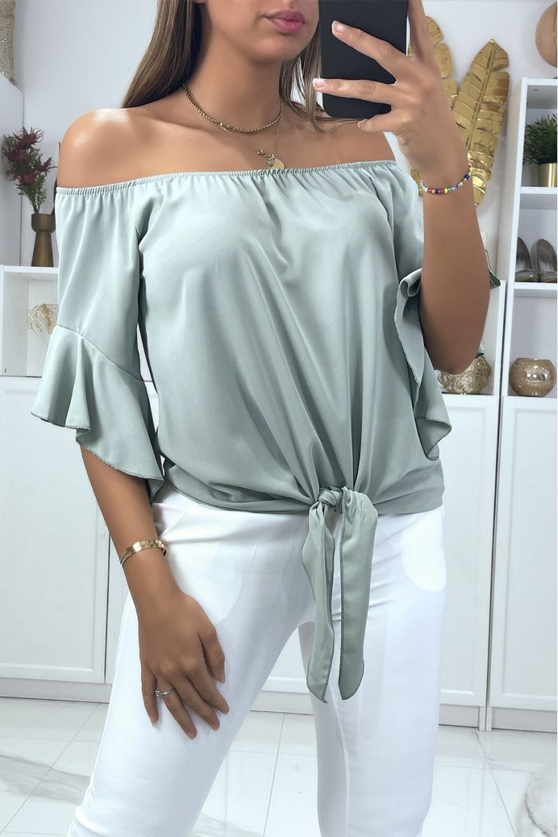 Sea green boat neck crop top with bow and flounce on the shoulders - 1