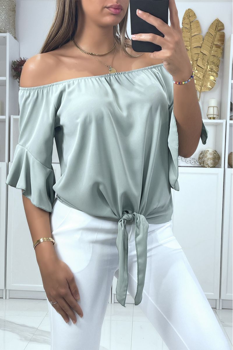 Sea green boat neck crop top with bow and flounce on the shoulders - 2