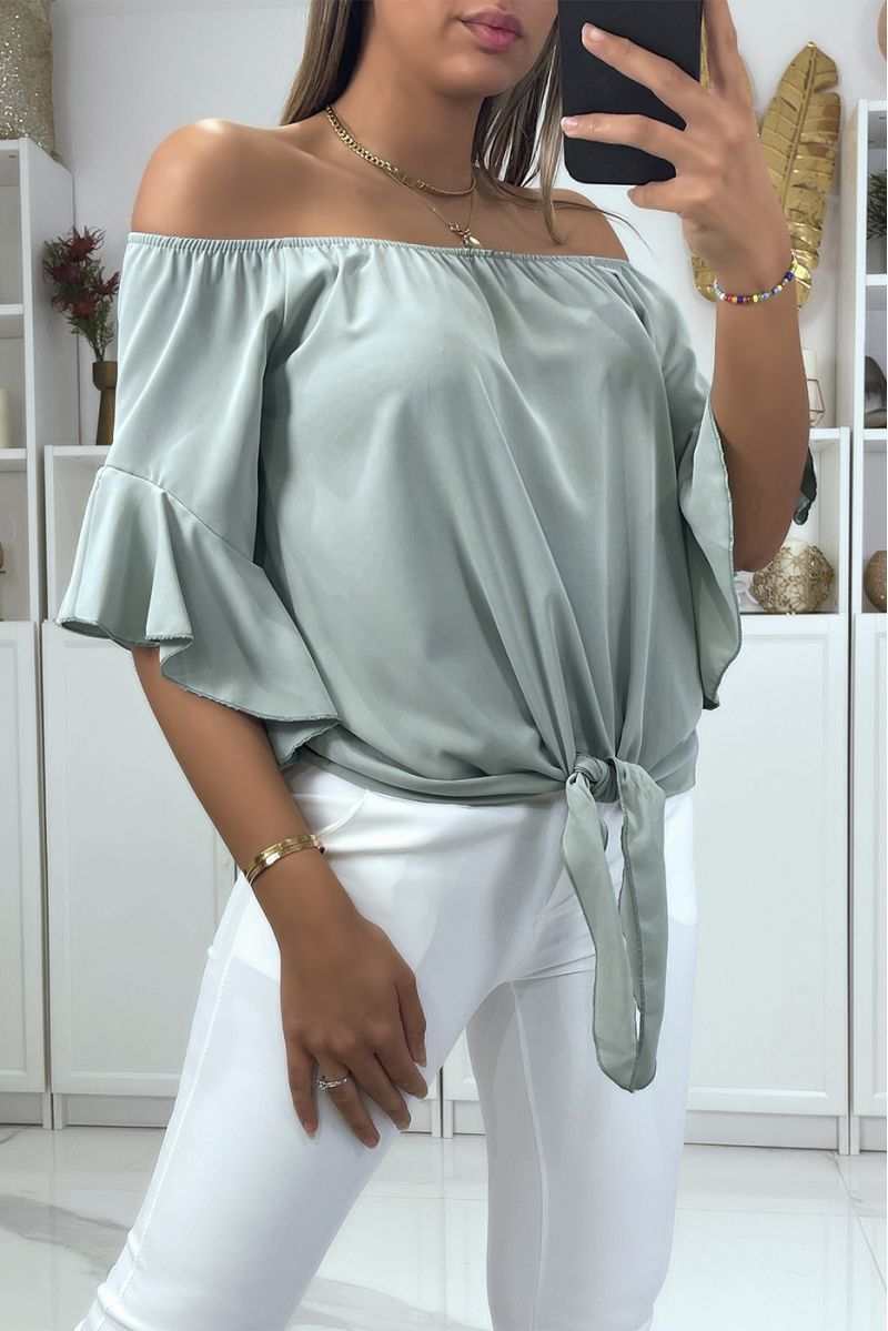 Sea green boat neck crop top with bow and flounce on the shoulders - 3