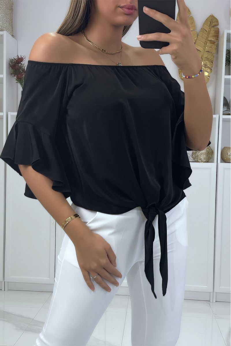 BlBZk boat neck crop top with bow and ruffle on the shoulders - 1