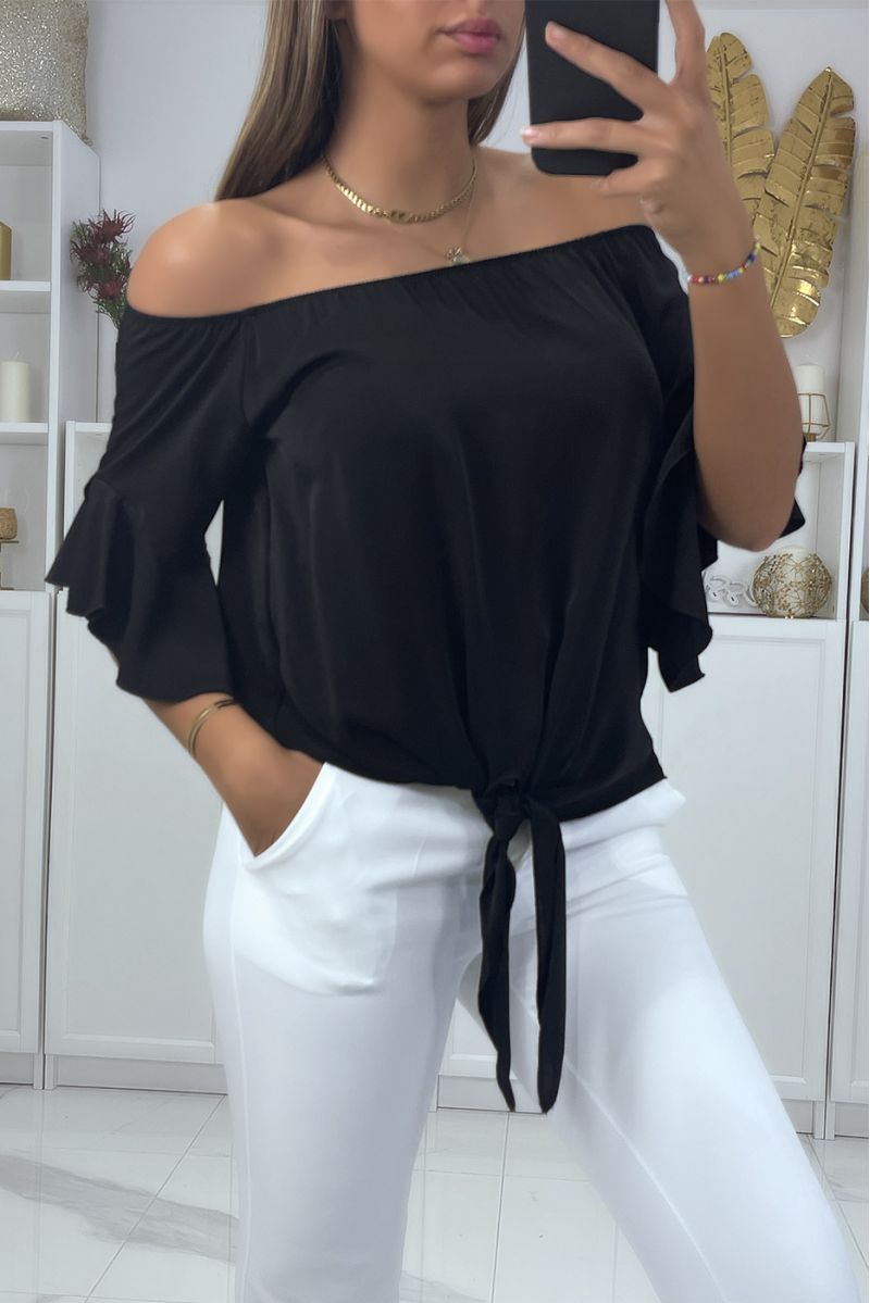 BlBZk boat neck crop top with bow and ruffle on the shoulders - 2