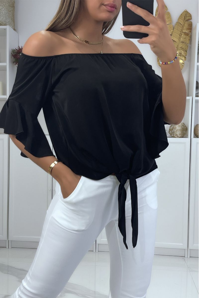 BlBZk boat neck crop top with bow and ruffle on the shoulders - 3