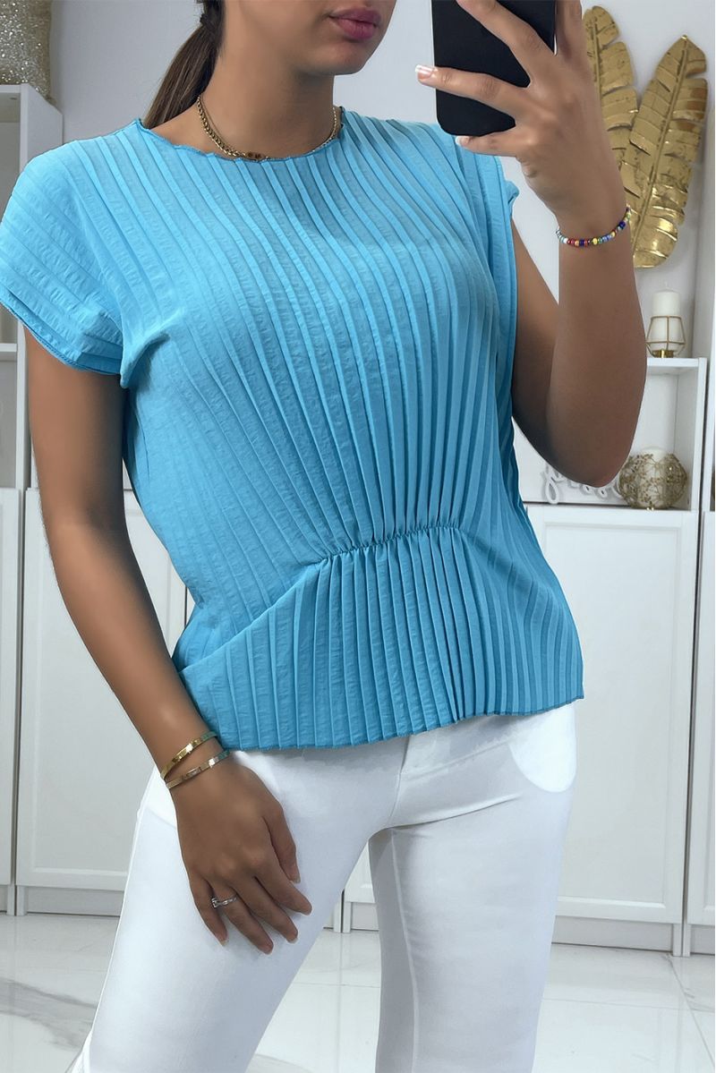 Blue pleated top with short sleeves and wasp waist effect round neck - 1