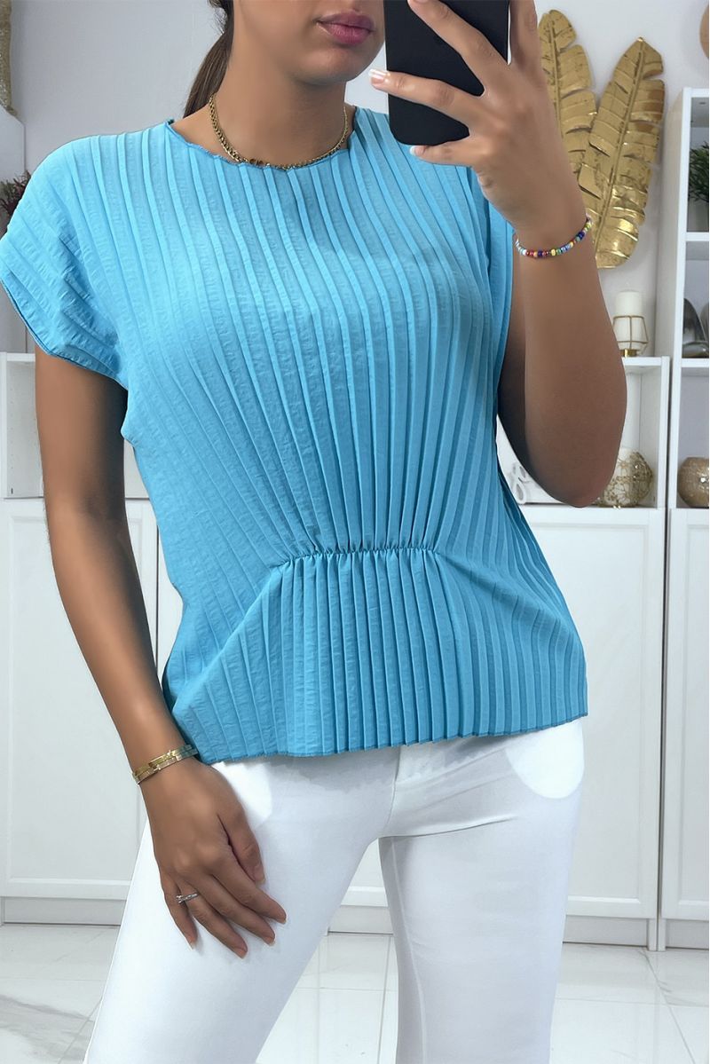 Blue pleated top with short sleeves and wasp waist effect round neck - 2